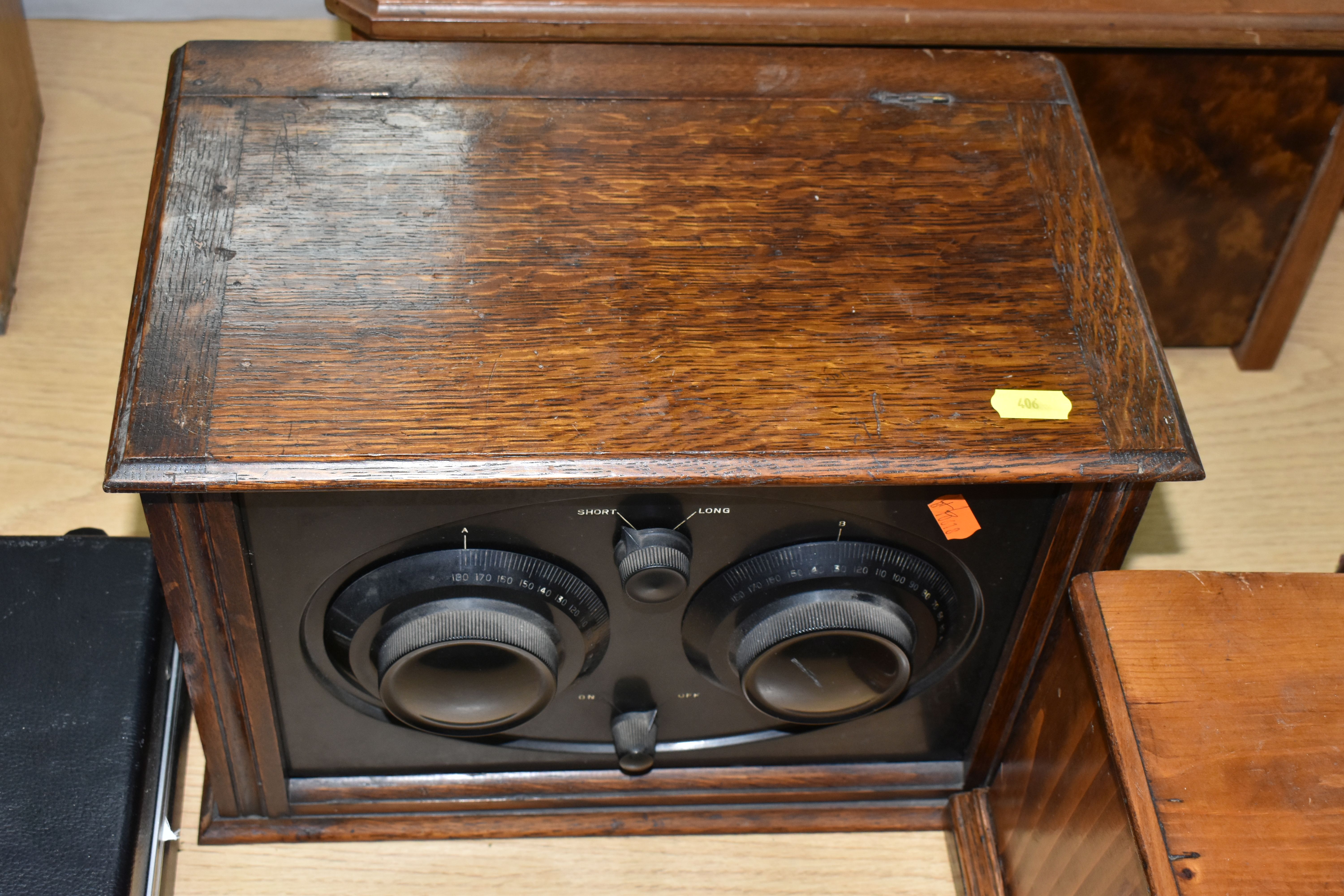AN OSRAM 'FOUR' NEW MUSIC MAGNET RADIO, a Marconi radio, one other unmarked radio set and a wooden - Image 9 of 16