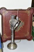 A 20TH CENTURY TWIN HANDLED PAINTED METAL TRAY AND A HOODED CANDLE READING LAMP, the tray of
