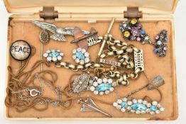 A BOX OF ASSORTED JEWELLERY, to include a white metal fancy link Albert chain fitted with a T-bar,