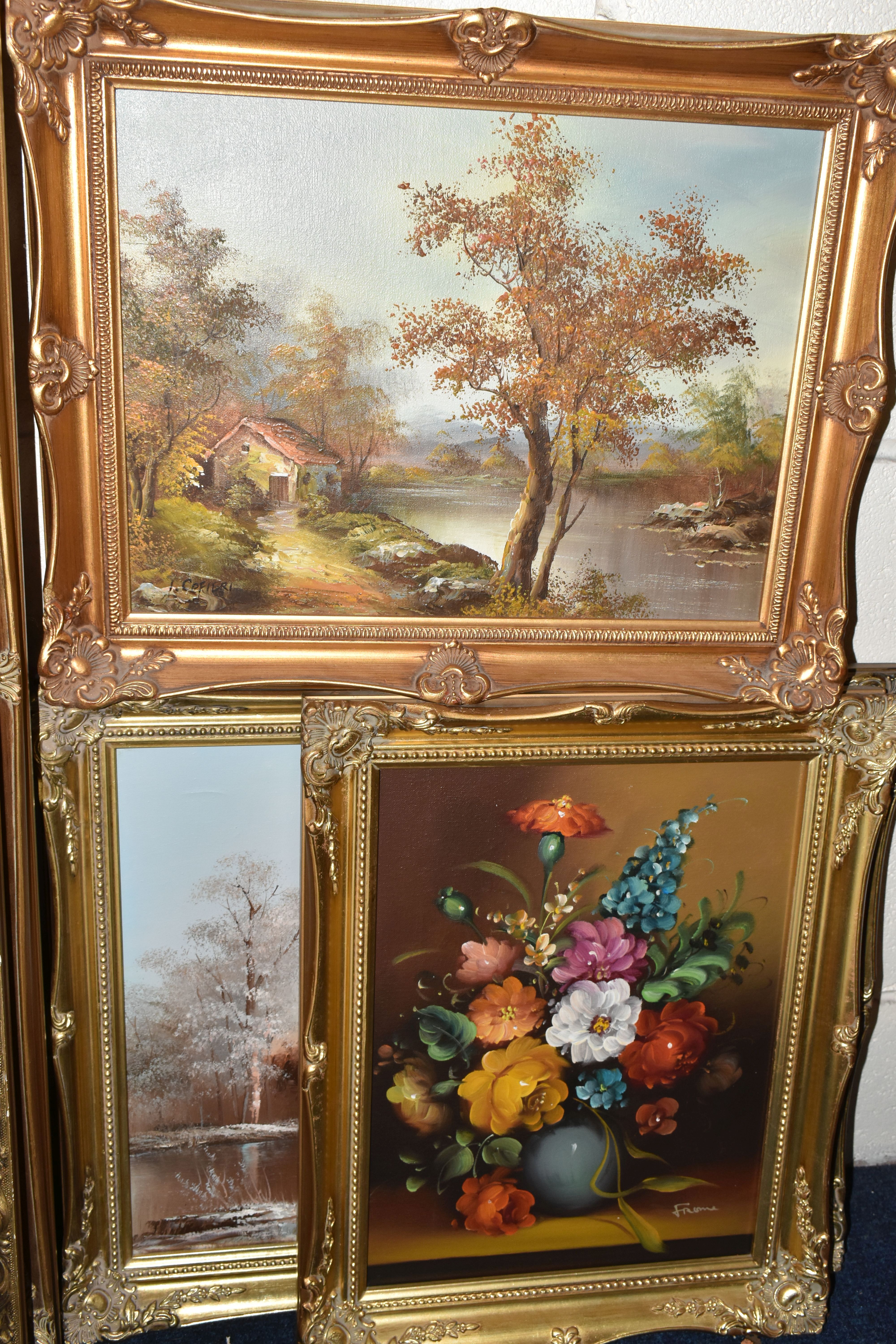 EIGHT LATE 20TH CENTURY LANDSCAPE AND STILL LIFE OIL PAINTINGS, to include two large river - Image 3 of 6