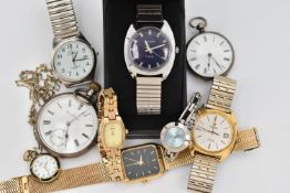 TWO POCKET WATCHES AND ASSORTED WRISTWATCHES, to include a white metal open face, manual wind pocket