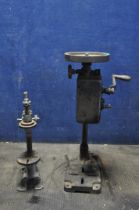 TWO VINTAGE DRILL PRESSES, the first with a geared hand crank and chuck height 60cm, and a belt
