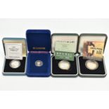 FOUR SILVER COMMEMORATIVE COINS, all in capsules with fitted boxes and certificates of authenticity,