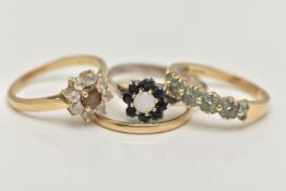 FOUR RINGS, to include three 9ct gold rings, the first a plain band ring, ring size P, the second an