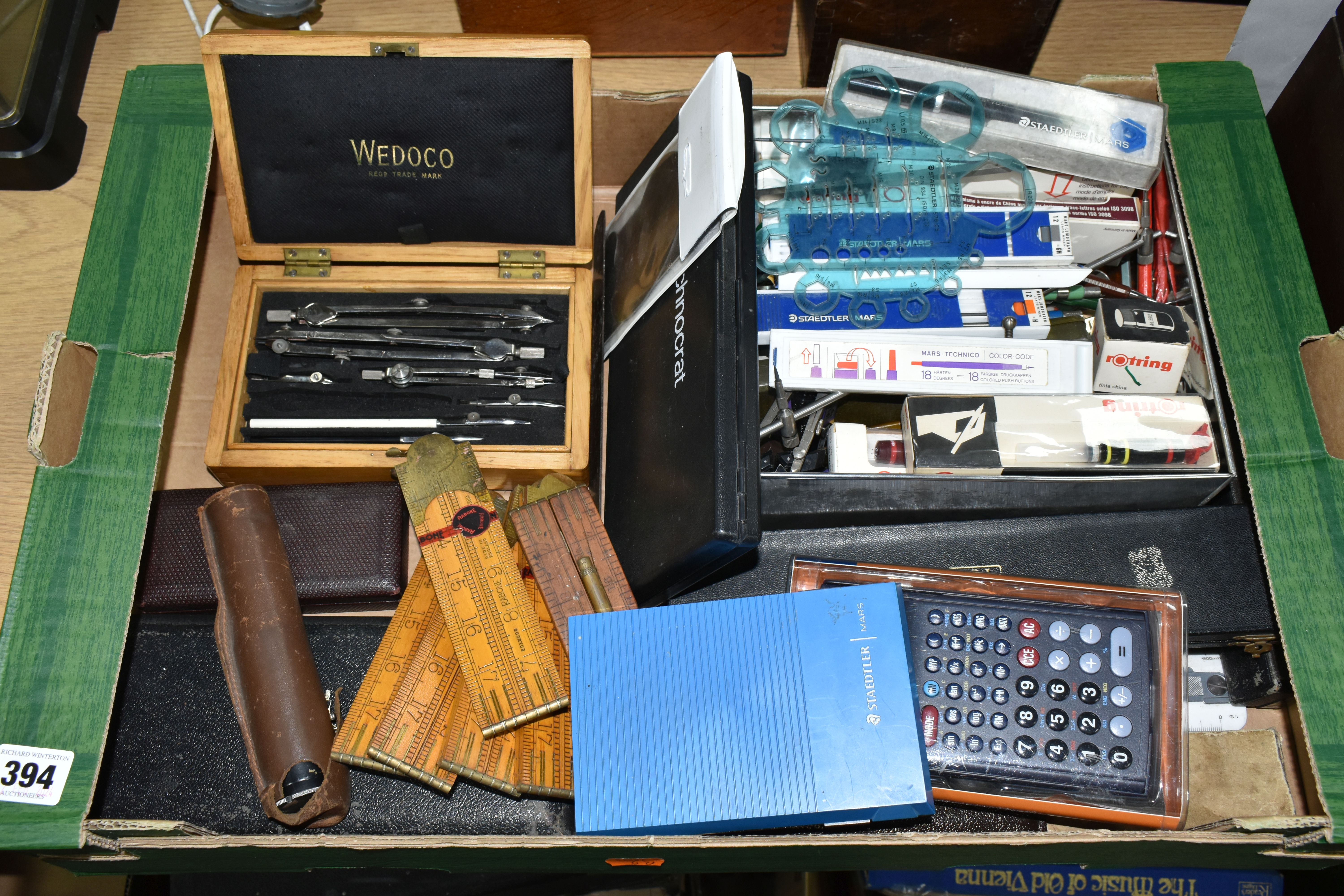 A BOX OF CASED AND LOOSE TECHNICAL DRAWING EQUIPMENT, ETC, including six wooden Rabone rulers, one