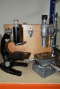 TWO VINTAGE MONOCULAR MICROSCOPES, comprising a Hilger & Watts Engineers Microscope with wooden case