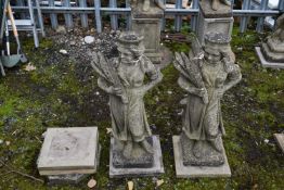 TWO WEATHERED GARDEN FIGURES, of two ladies, max height 78cm, and three spare paving tiles (