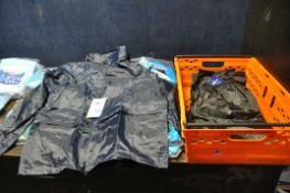 A TRAY CONTAINING PORTWEST RAINWEAR AND PAPER PROTECTIVE SUITS including five S440 large jackets