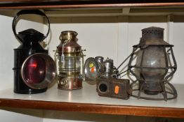 FOUR TRANSPORT RELATED LAMPS, comprising a copper and brass ships lantern by G. Bocock of Birmingham