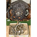 TWO BOXES OF CLOCKS, BAROMETER AND LUSTRE LIGHT FITTING, comprising a cuckoo clock in need of a