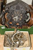 TWO BOXES OF CLOCKS, BAROMETER AND LUSTRE LIGHT FITTING, comprising a cuckoo clock in need of a