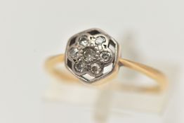 AN 18CT YELLOW GOLD DIAMOND CLUSTER RING, set with single cut diamonds, grain set with a hexagonal