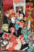 A BOX OF PUNCH AND JUDY AND OTHER PUPPETS, to include two Punch puppets, Judy, Policeman, Hangman,