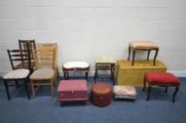 A SELECTION OF VARIOUS CHAIRS AND STOOLS, to include a gold buttoned ottoman, an Edwardian stool,
