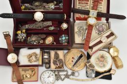 A BOX OF ASSORTED WRISTWATCHES AND COSTUME JEWELLERY, to include a gents gold plated 'Avia, 17