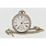 A LATE VICTORIAN SILVER OPEN FACE POCKET WATCH AND ALBERT CHAIN, key wound, round white dial