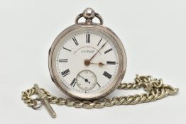 A LATE VICTORIAN SILVER OPEN FACE POCKET WATCH AND ALBERT CHAIN, key wound, round white dial