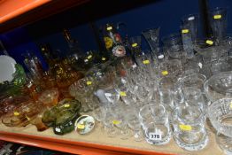 A SELECTION OF CLEAR AND COLOURED GLASS WARES ETC, to include Stuart wine goblets and port