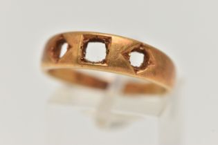A YELLOW METAL RING, missing three stones, stamped 18ct, ring size Q, approximate gross weight 4.8