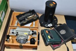 A QUANTITY OF SURVEYING EQUIPMENT, cased Carl Zeiss Theodolite, No.52029, cased Cowley Automatic
