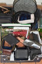 TWO BOXES OF JAPANESE BONSAI TREE POTS, TRAYS AND EQUIPMENT, to include pruning tools, three books