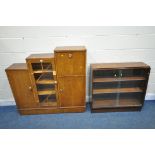 A MID CENTURY STEPPED BOOKCASE, fitted with two cupboard doors, one glazed door and a fall front