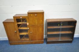 A MID CENTURY STEPPED BOOKCASE, fitted with two cupboard doors, one glazed door and a fall front