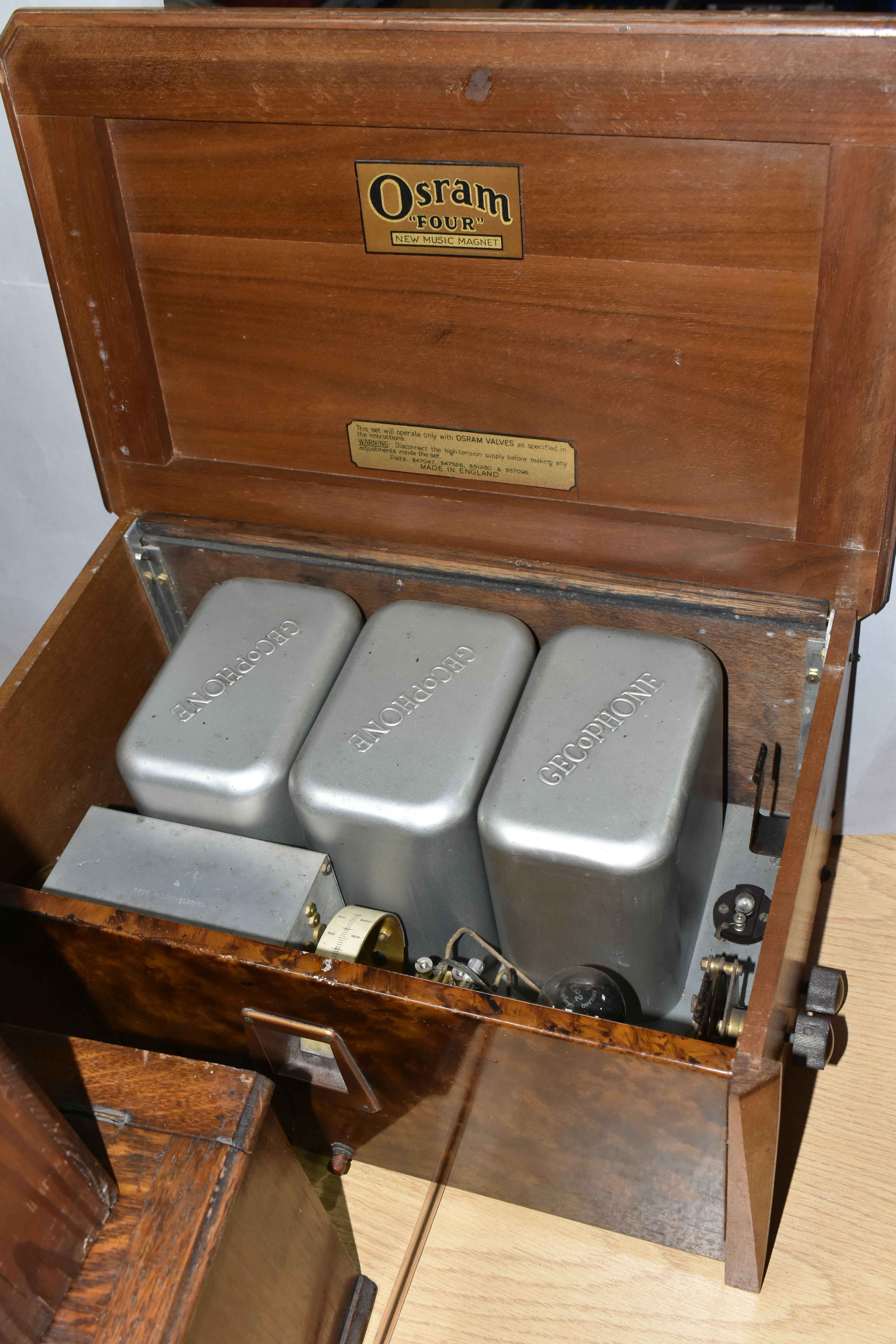 AN OSRAM 'FOUR' NEW MUSIC MAGNET RADIO, a Marconi radio, one other unmarked radio set and a wooden - Image 12 of 16