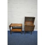 A MID CENTURY TEAK TWO TIER METAMORPHIC TEA TROLLEY, width 81cm x open depth 71cm x closed depth