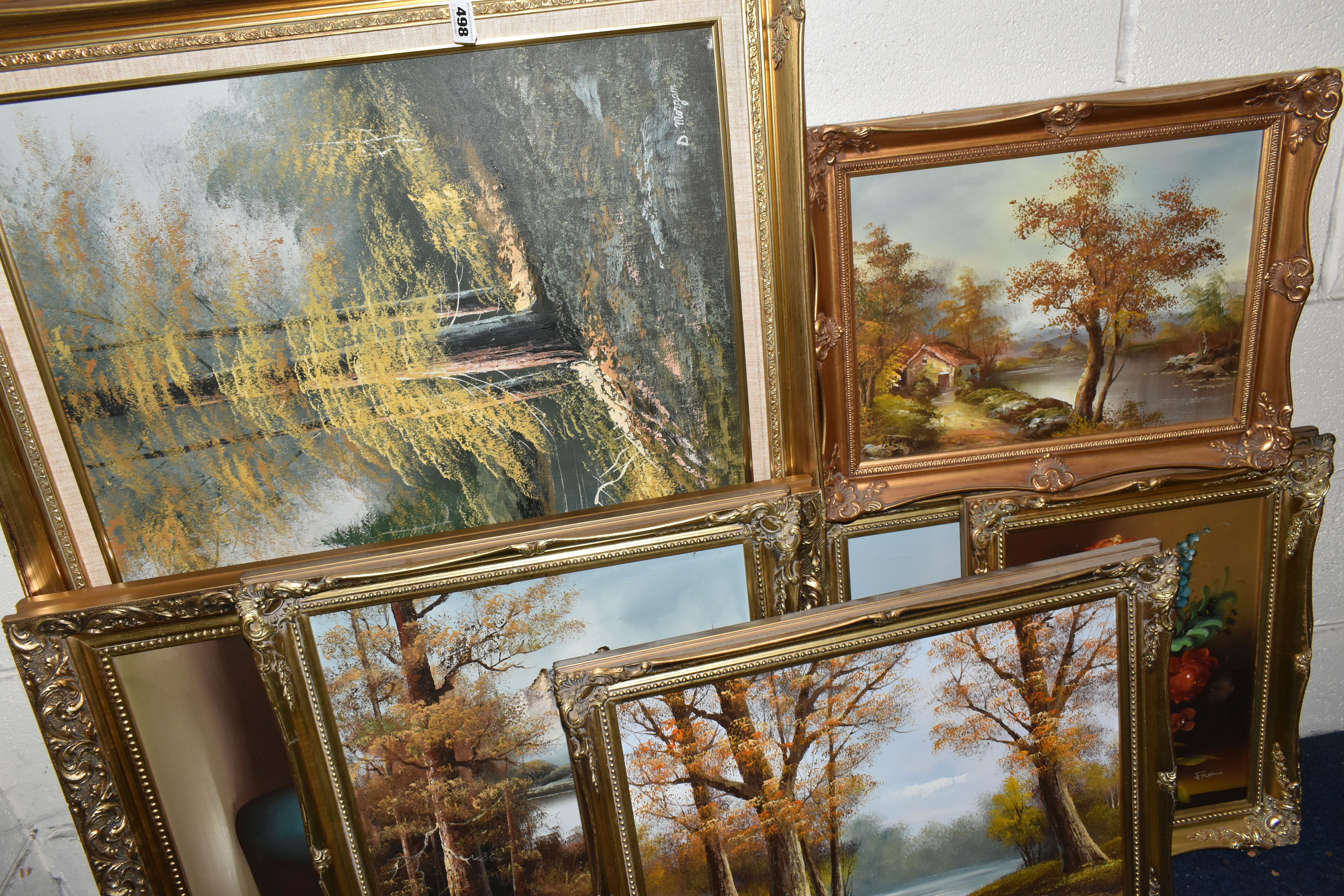 EIGHT LATE 20TH CENTURY LANDSCAPE AND STILL LIFE OIL PAINTINGS, to include two large river