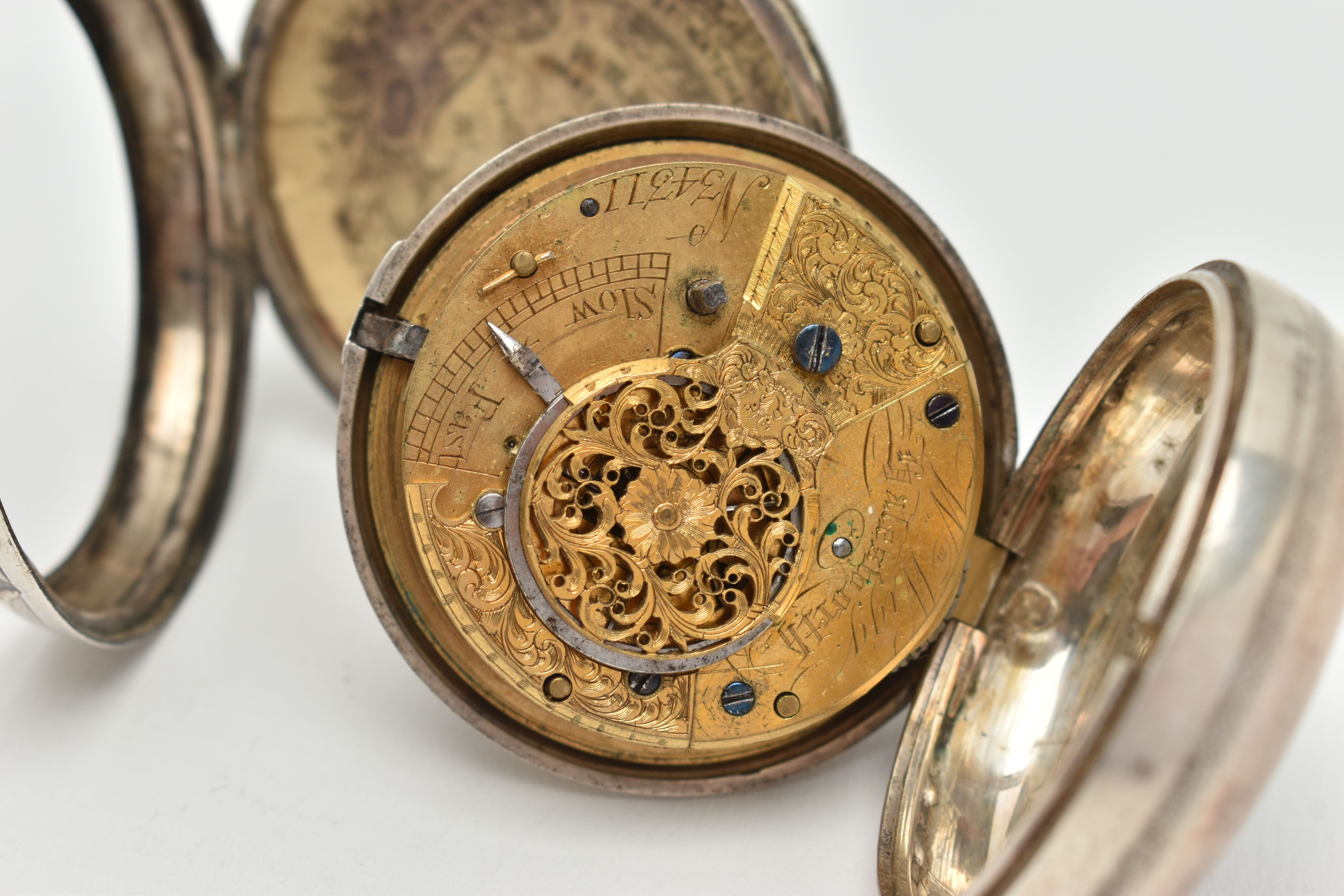 A SILVER PAIR CASE POCKET WATCH, key wound movement, round dial, Roman numerals, plain silver - Image 6 of 7