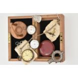 A BOX OF ASSORTED POCKET WATCHES AND OTHER ITEMS, to include a silver cased open face pocket