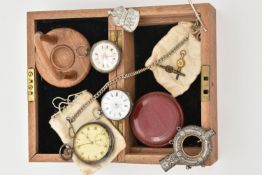 A BOX OF ASSORTED POCKET WATCHES AND OTHER ITEMS, to include a silver cased open face pocket