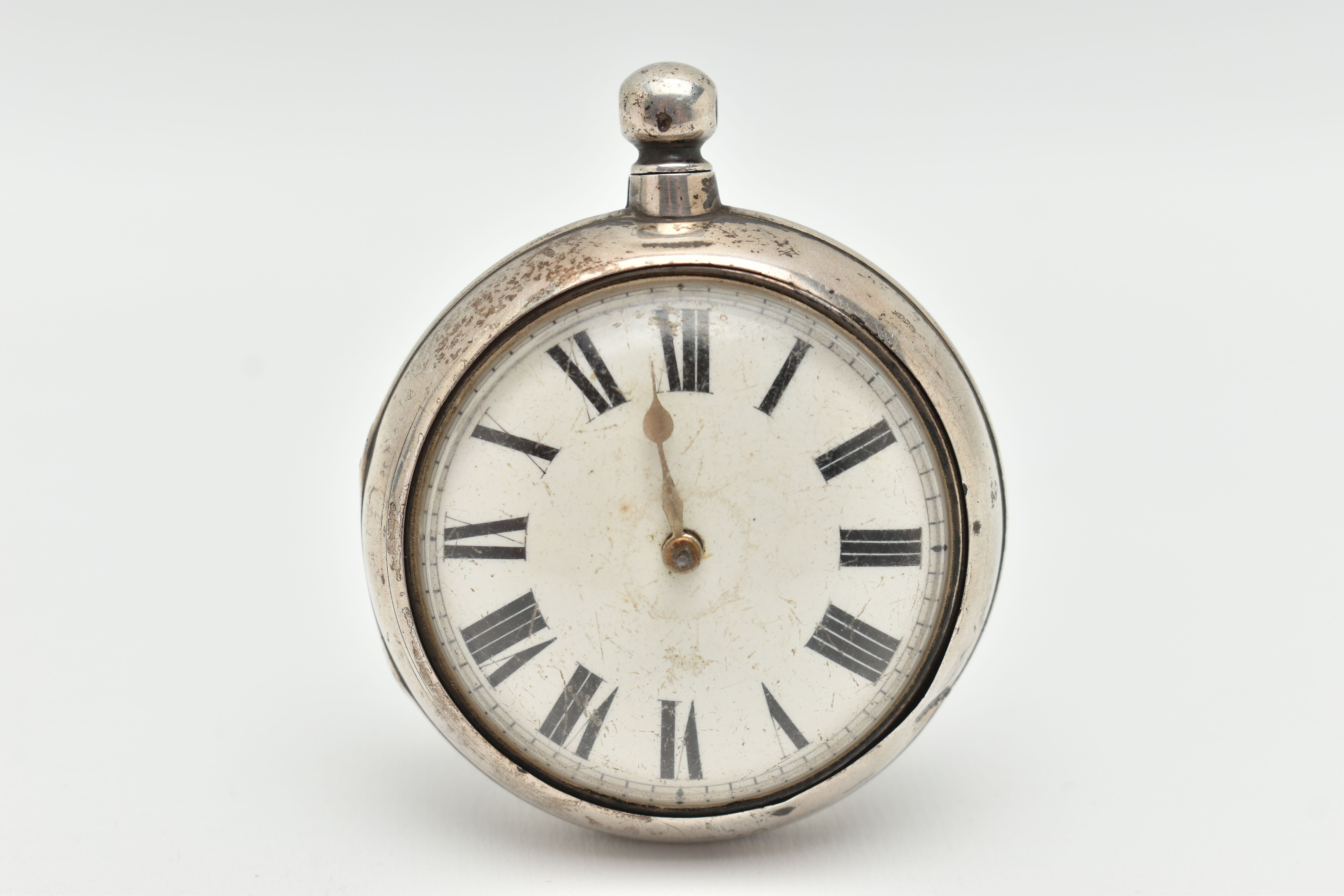 A SILVER PAIR CASE POCKET WATCH, key wound movement, round dial, Roman numerals, plain silver