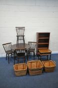 A STAINED OAK CIRCULAR KITCHEN TABLE, diameter 90cm x height 74cm, four chairs, an open bookcase,