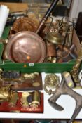 ONE BOX OF BRASS AND METALWARE, to include a large brass 'Lion' door knocker, copper bed warmer,