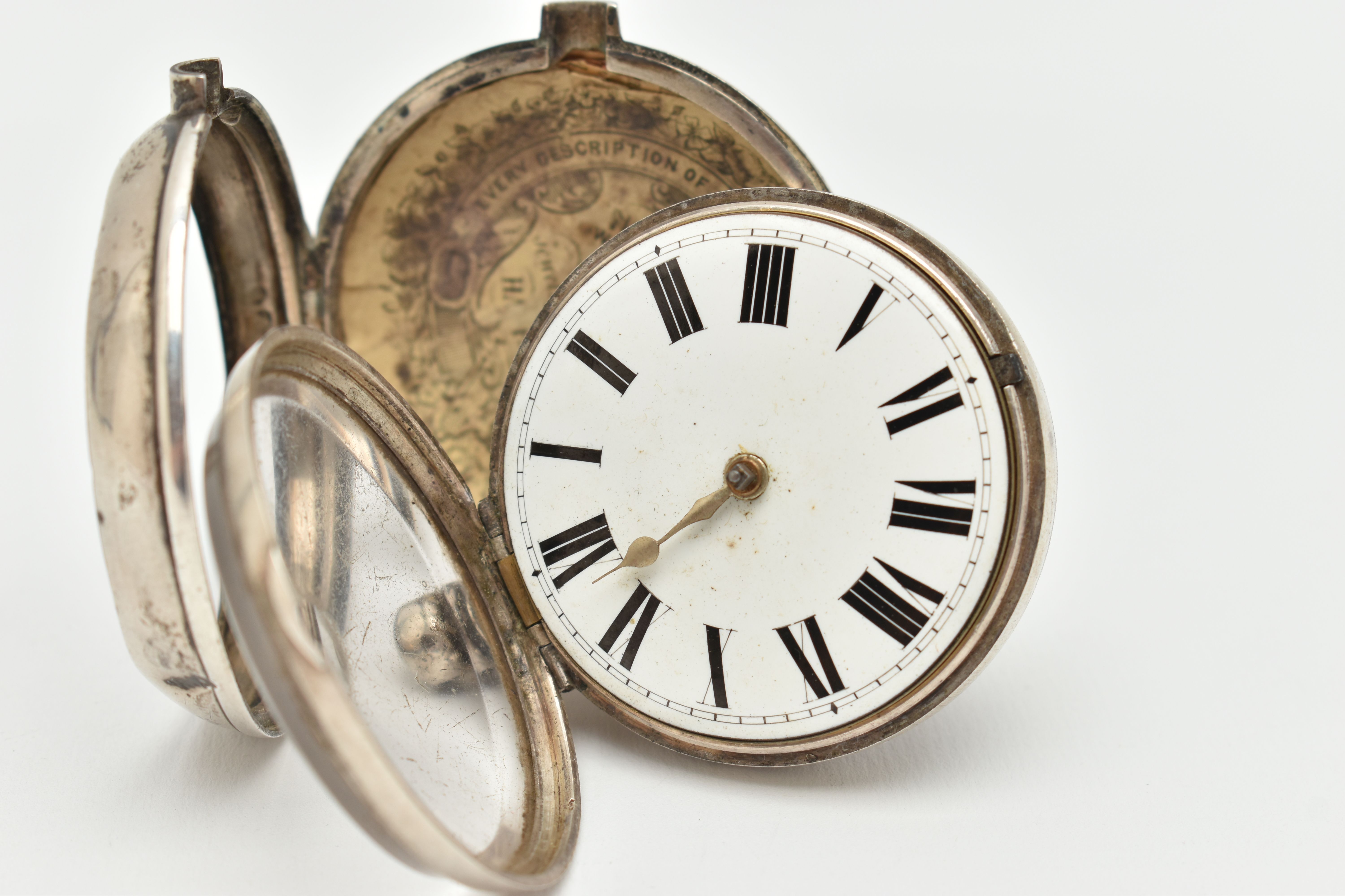 A SILVER PAIR CASE POCKET WATCH, key wound movement, round dial, Roman numerals, plain silver - Image 5 of 7