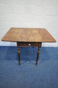 A VICTORIAN MAHOGANY DROP LEAF PEMBROKE TABLE, with a single frieze drawers and single dummy drawer,