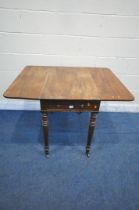 A VICTORIAN MAHOGANY DROP LEAF PEMBROKE TABLE, with a single frieze drawers and single dummy drawer,
