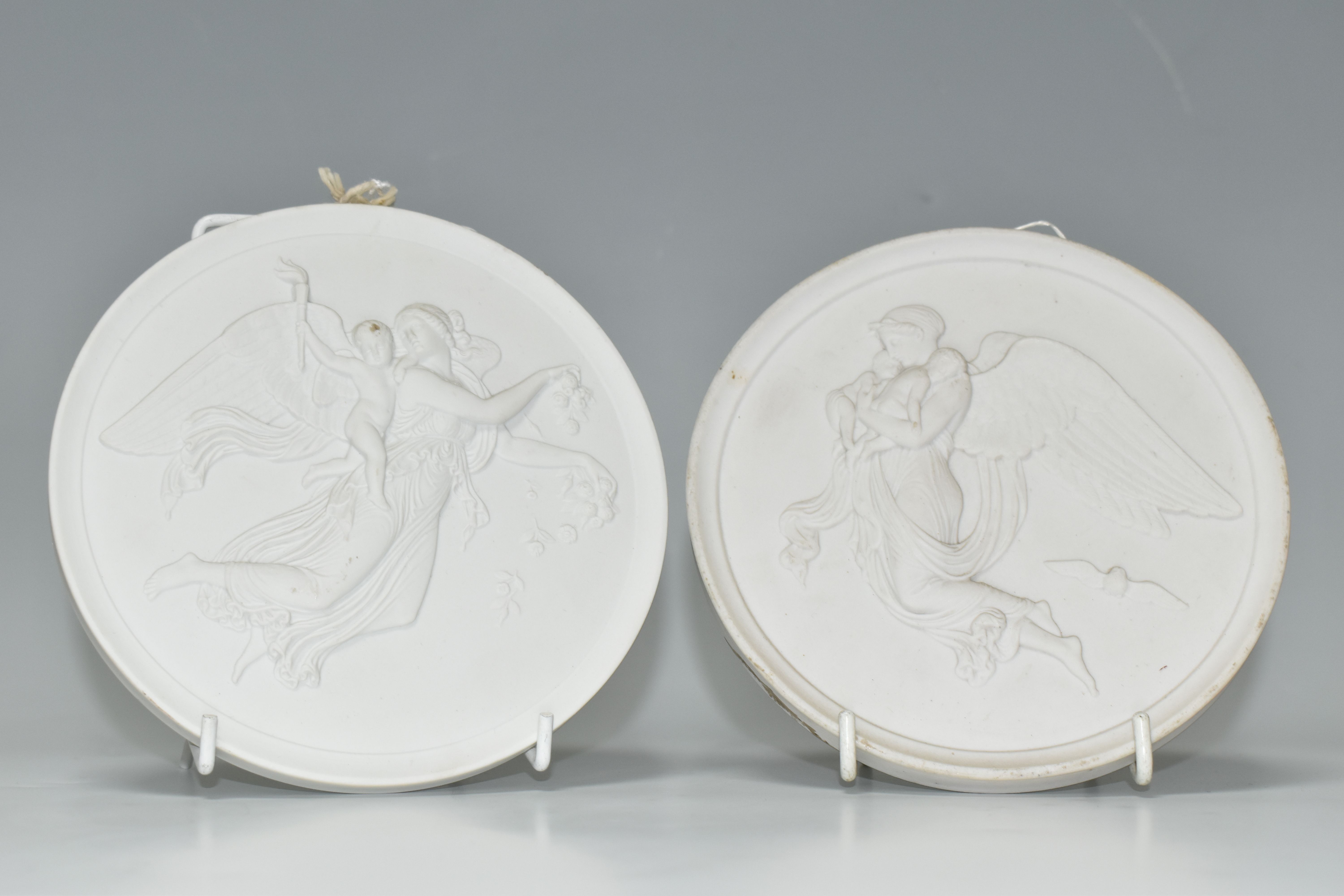 TWO ROYAL COPENHAGEN CIRCULAR BISQUE PLAQUES, depicting angels and cherubs, one bearing painted - Image 2 of 9