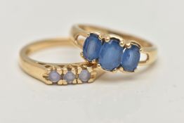 TWO 9CT GOLD GEM SET RINGS, the first designed as a line of three circular cut tanzanite, the second
