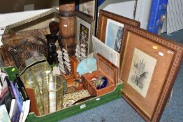 TWO BOXES AND LOOSE TOURIST ITEMS, PICTURES, DISPLAY CASES AND SUNDRY HOME WARES, to include a