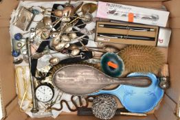 A SILVER OPEN FACE POCKET WATCH, THREE SILVER VANITY ITEMS AND OTHER ITEMS, to include an AF