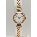 A LADIES 9CT GOLD WRISTWATCH, manual wind, round white dial, Arabic numerals, blue steel hands, in a