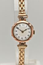 A LADIES 9CT GOLD WRISTWATCH, manual wind, round white dial, Arabic numerals, blue steel hands, in a