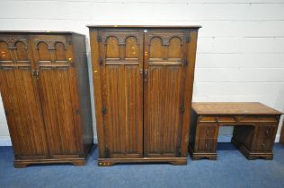 A 20TH CENTURY OAK THREE PIECE BEDROOM SUITE, comprising a double door wardrobe, width 129cm x depth