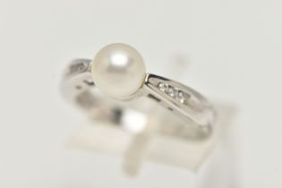 A MODERN 9CT WHITE GOLD CULTURED PEARL AND DIAMOND RING, set with a cultured pearl, measuring