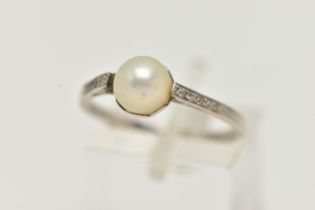 A CULTURED PEARL AND DIAMOND RING, set with a cultured pearl, measuring approximately 6.7mm, to