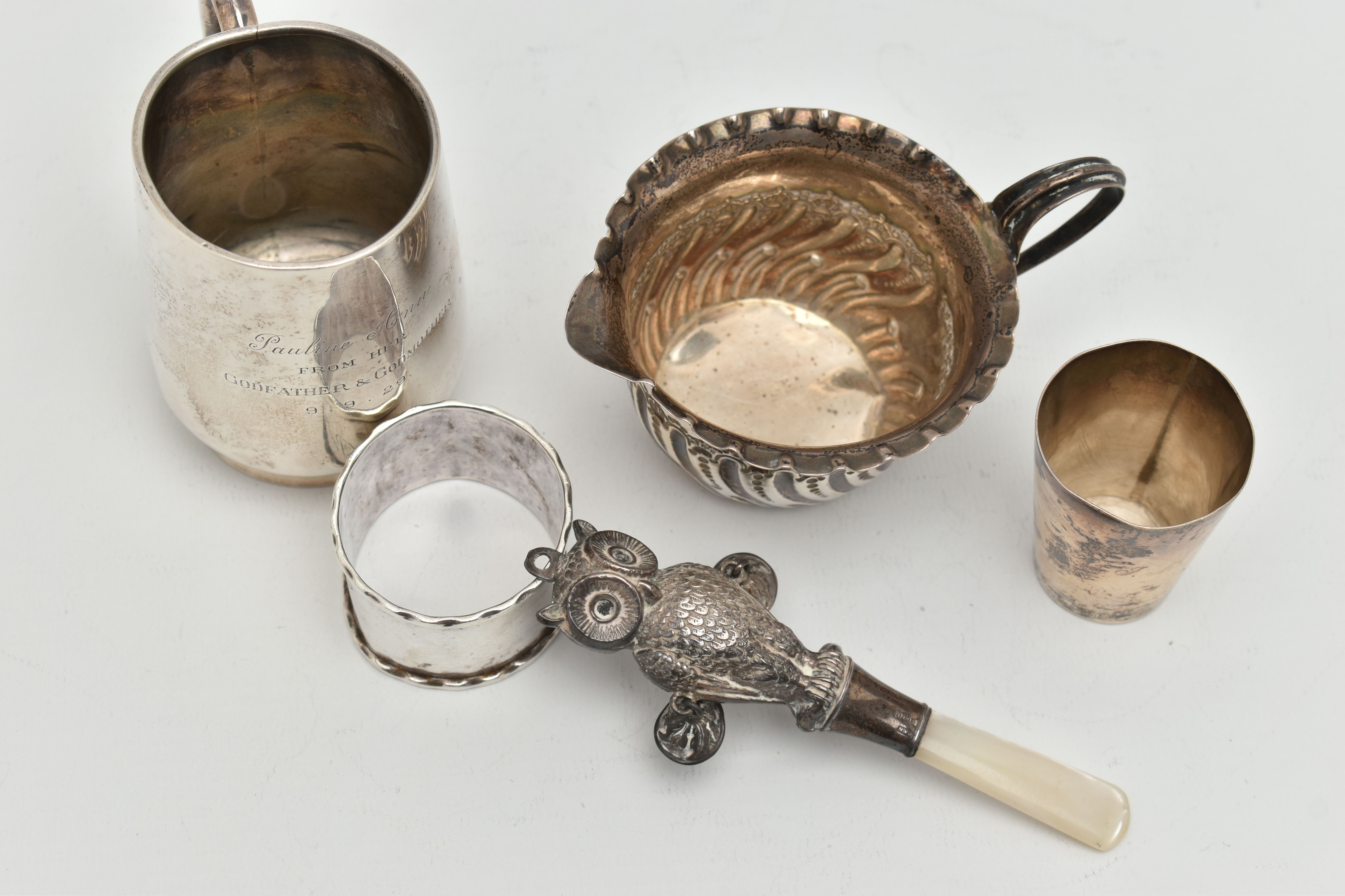 FIVE ITEMS OF SILVER, to include a silver christening cup, personal engraving reads 'Pauline Ann - Image 2 of 4