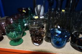 A GROUP OF MID TO LATE 20TH CENTURY COLOURED GLASSWARE, including a Dartington Brutus vase, height